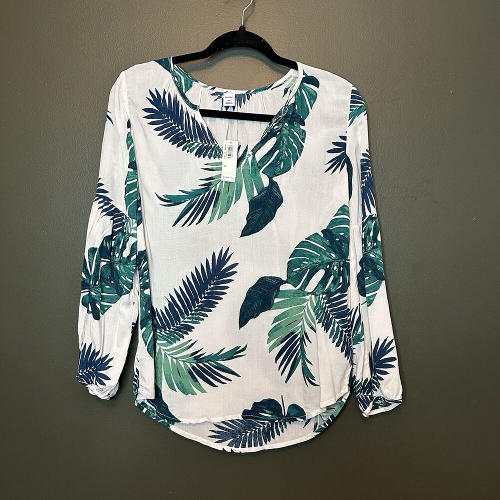 NWT Old Navy Relaxed Split Neck Blouse White Green Palm Leaves XS‎ Extra Small